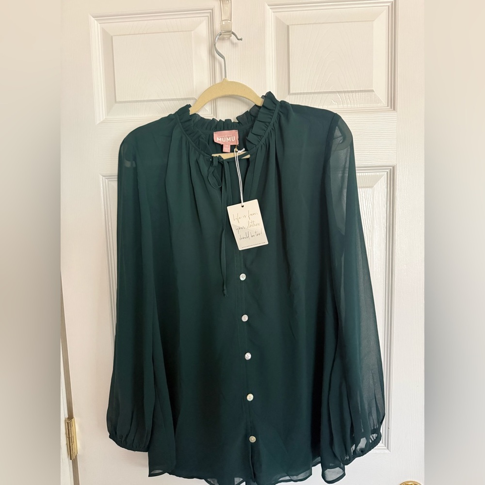 Show Me Your Mumu NWT Green Chiffon Ruffle Neck Button Front Blouse Size M